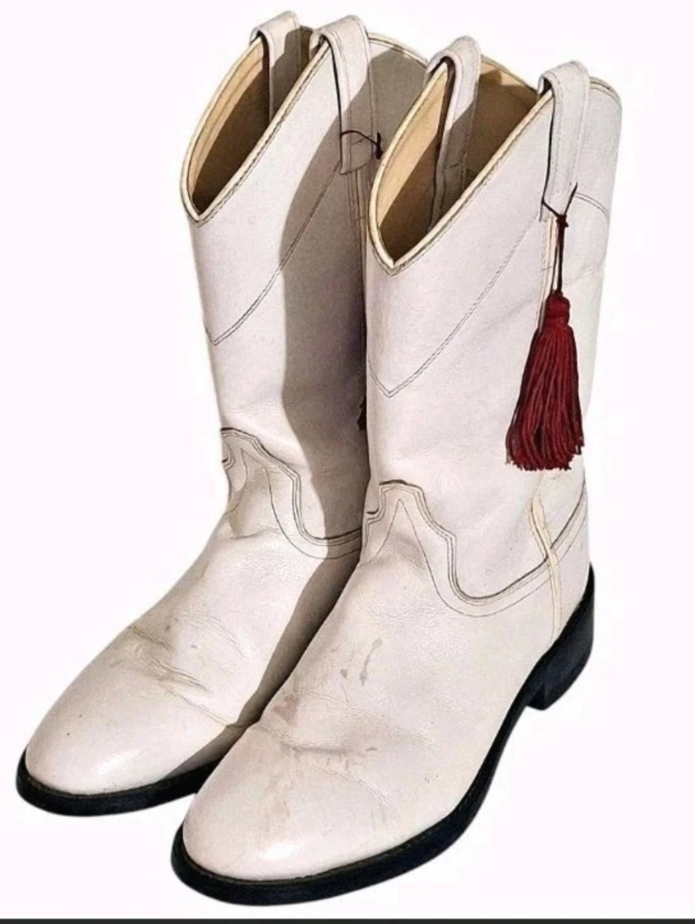 Old West Women’s White Leather Cowboy Boots Red Tassle Western SRL4021 Size 10